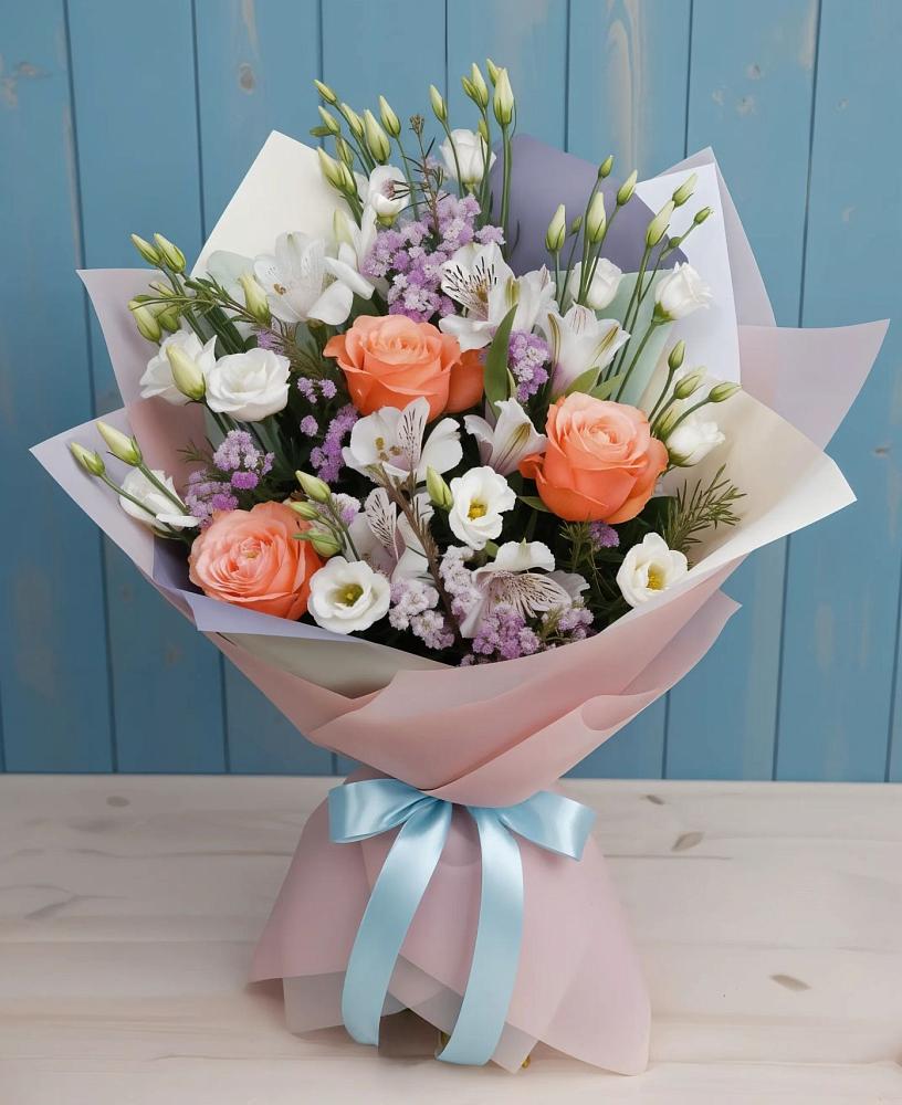 Букет цветов из: Лизиантусы, Розы, Альстромерии и Гипсофила в Чиркее