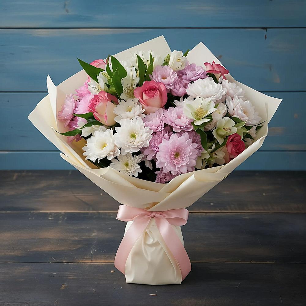 Букет цветов из: Хризантемы, Альстромерии и Розы в Чиркее